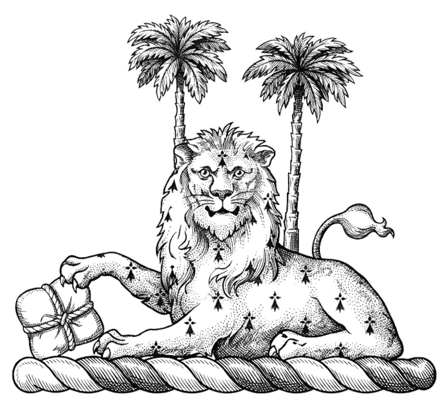 In front of two palm-trees proper, a lion couchant gardant erminois, resting the dexter claw upon a bale of cotton proper digital download: Includes Color PNG, B&W PNG, and SVG vector files