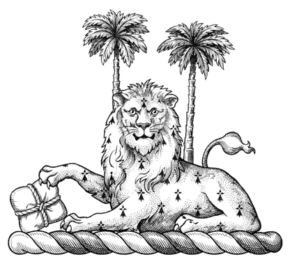 In front of two palm-trees proper, a lion couchant gardant erminois, resting the dexter claw upon a bale of cotton proper digital download: Includes Color PNG, B&W PNG, and SVG vector files