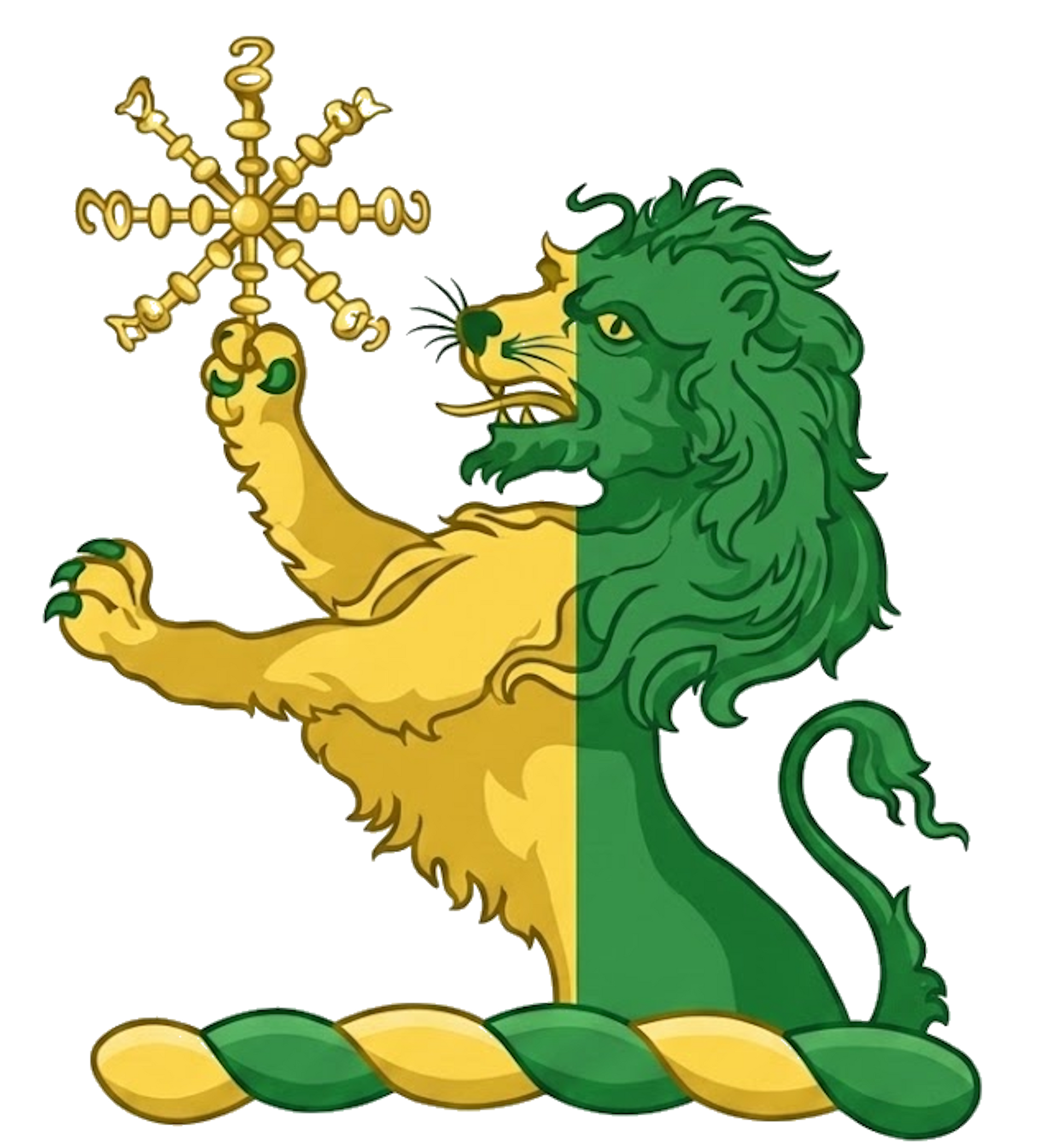 Demi-lion per pale or and vert holding an escarbuncle digital download: Includes Color PNG, B&W PNG, and SVG vector files