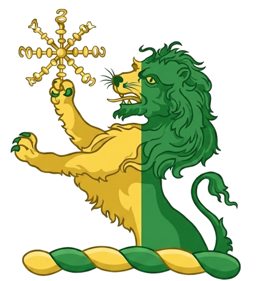 Demi-lion per pale or and vert holding an escarbuncle digital download: Includes Color PNG, B&W PNG, and SVG vector files