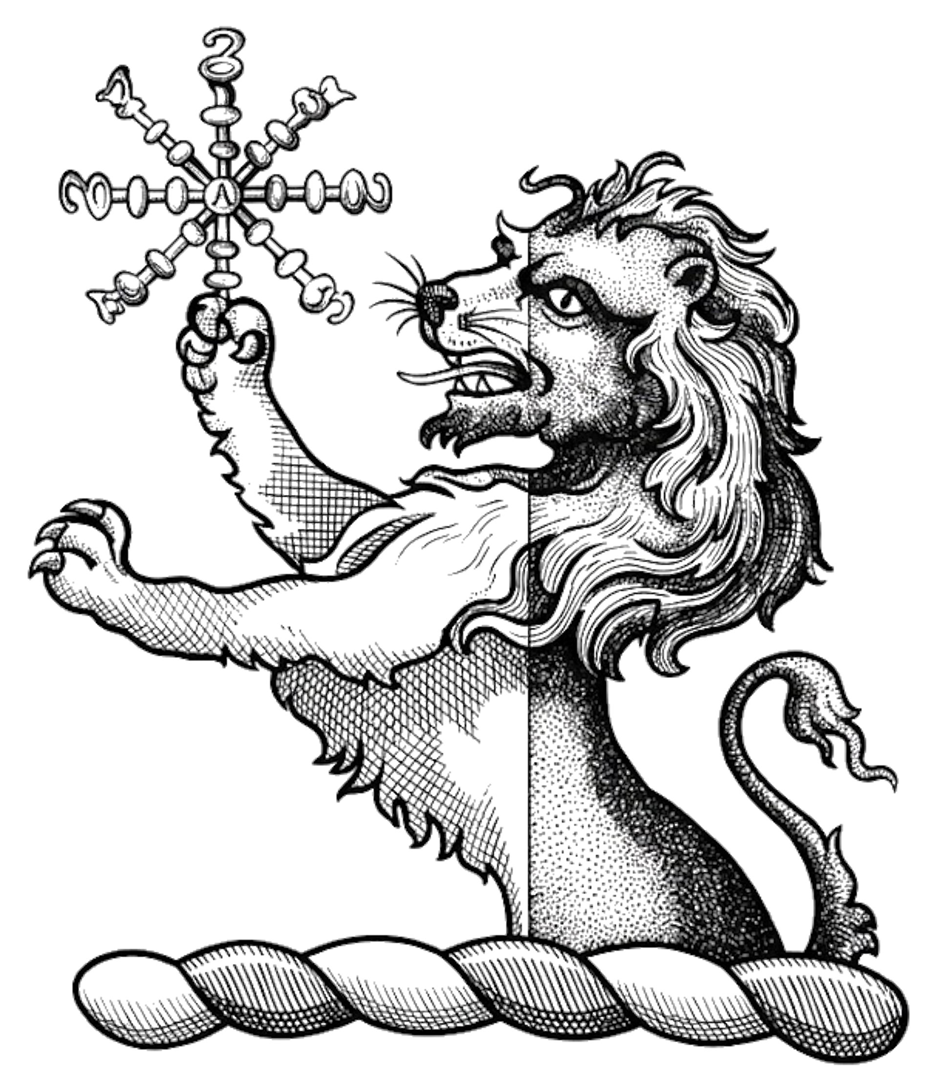 Demi-lion per pale or and vert holding an escarbuncle digital download: Includes Color PNG, B&W PNG, and SVG vector files