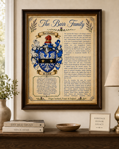 Barr Premium Surname History & Coat of Arms Poster (18x24) | High-Resolution Digital Download