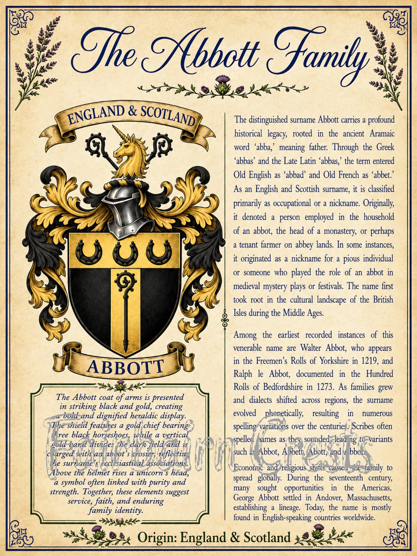 Abbott Premium Surname History & Coat of Arms Poster (18x24) | High-Resolution Digital Download