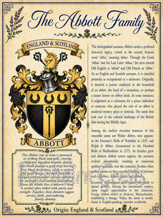 Abbott Premium Surname History & Coat of Arms Poster (18x24) | High-Resolution Digital Download