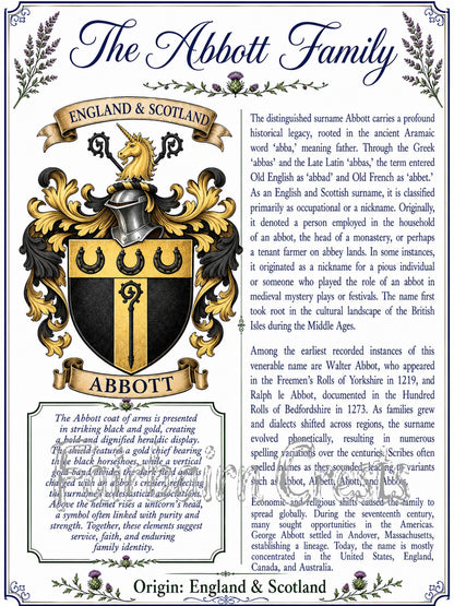 Abbott Premium Surname History & Coat of Arms Poster (18x24) | High-Resolution Digital Download