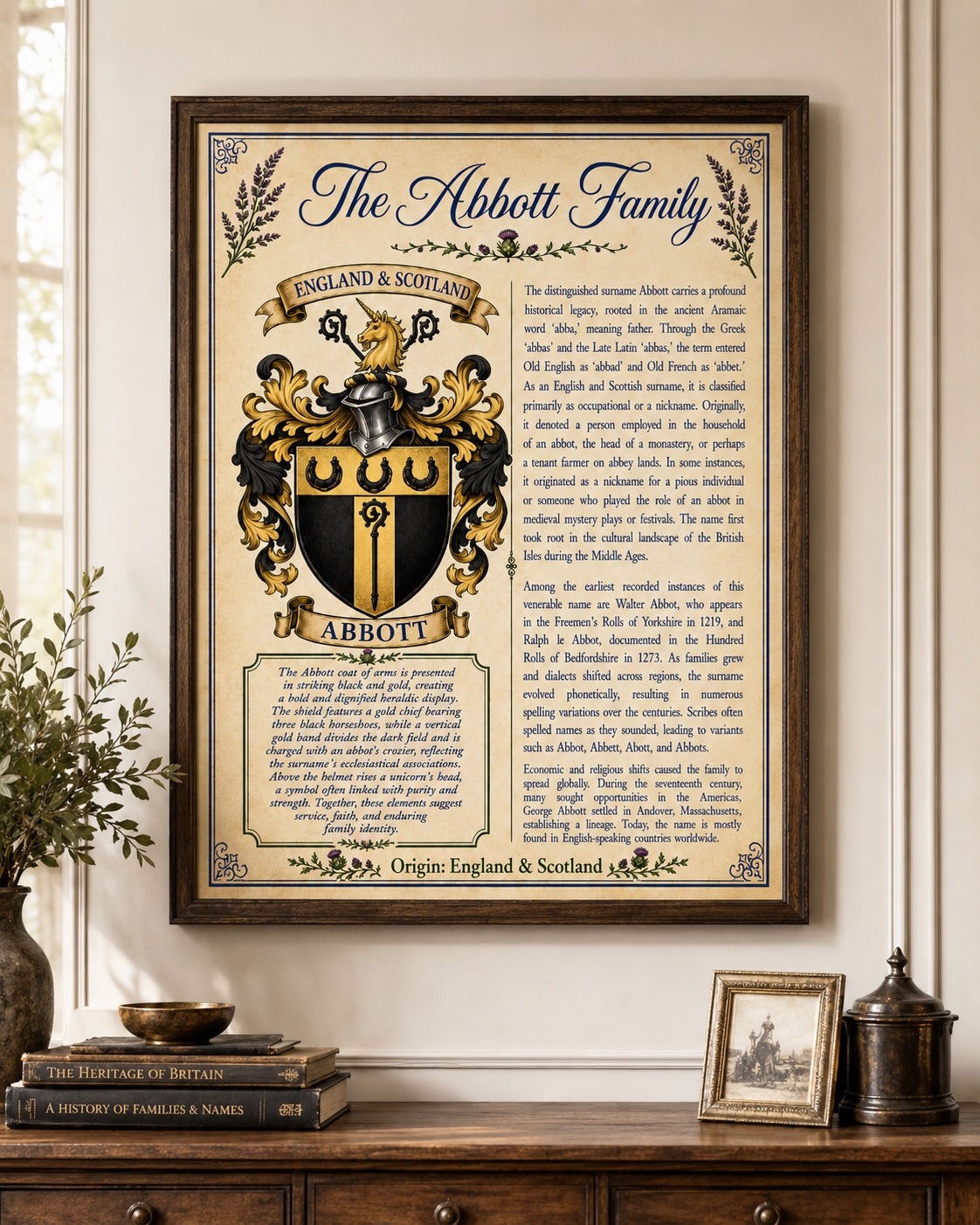 Abbott Premium Surname History & Coat of Arms Poster (18x24) | High-Resolution Digital Download