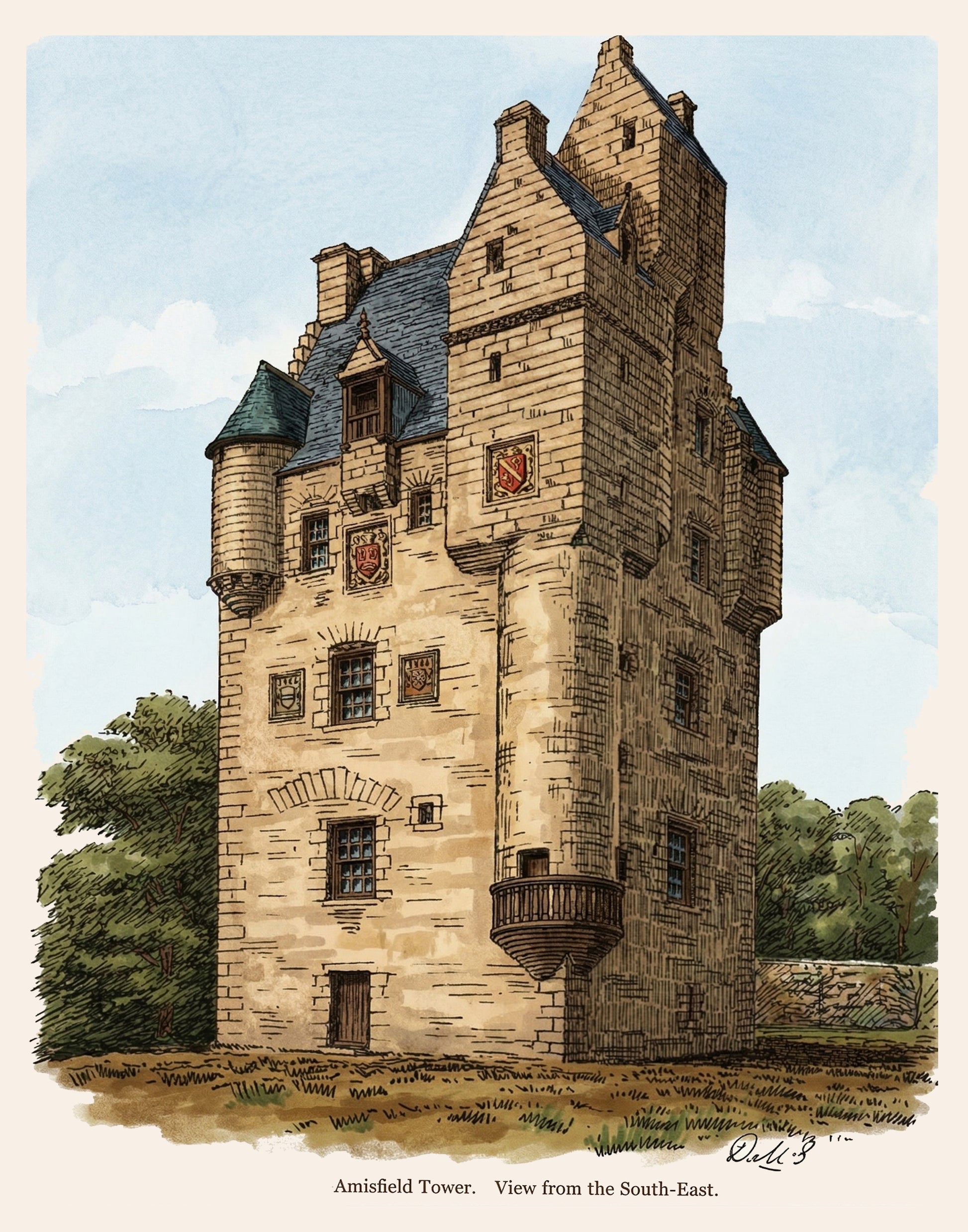Vintage Amisfield Tower Printable Poster | 11x14 Historic Scottish Castle Architecture | Digital Download digital download: Includes Color PNG, B&W PNG