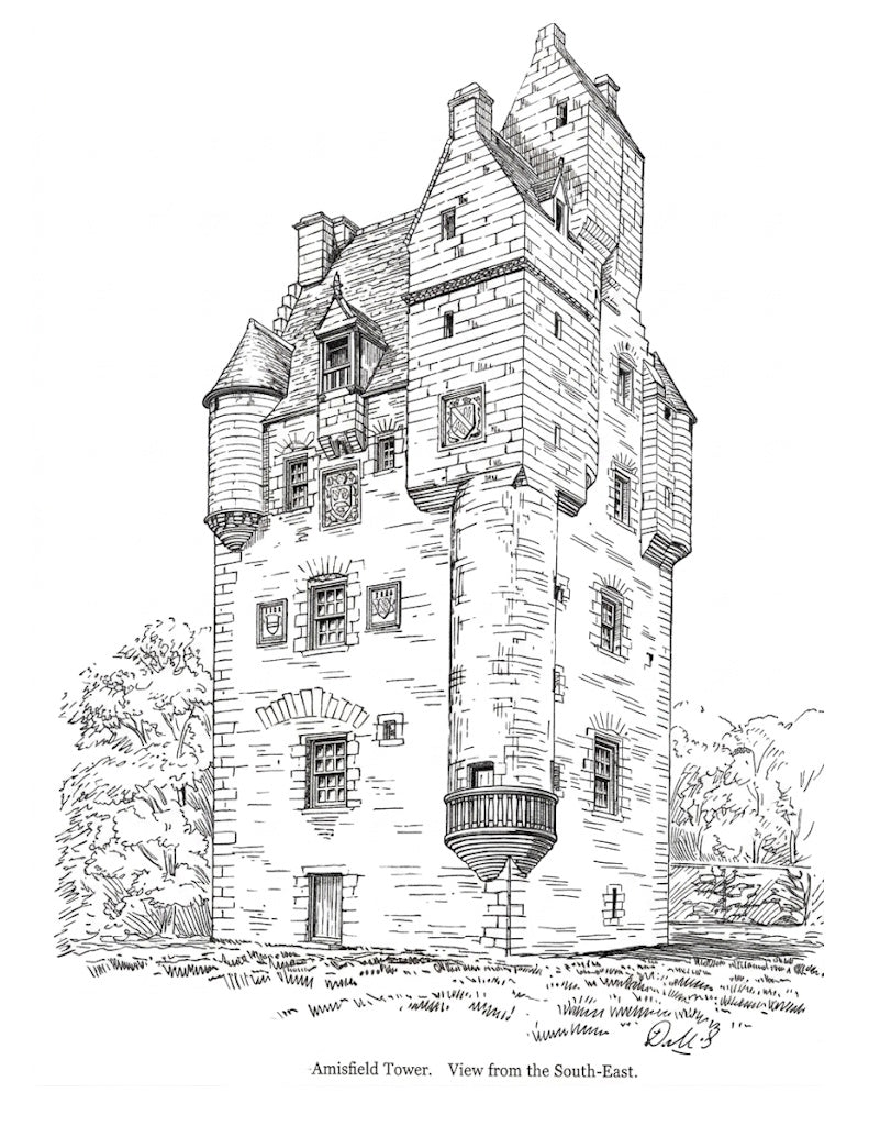 Vintage Amisfield Tower Printable Poster | 11x14 Historic Scottish Castle Architecture | Digital Download digital download: Includes Color PNG, B&W PNG, 