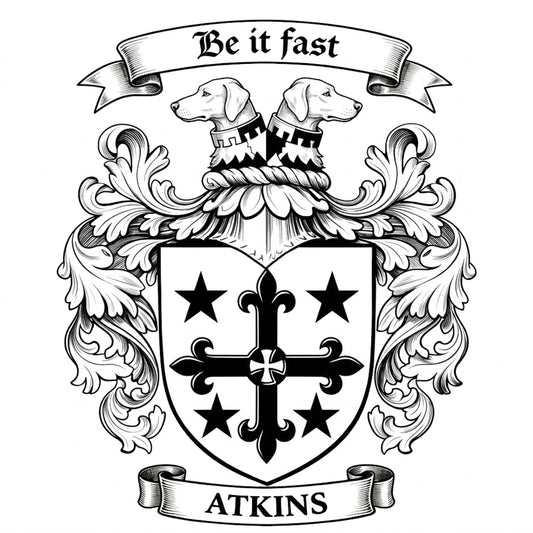 The Atkins Family Coat of Arms digital download: Includes Color PNG, B&W PNG, and SVG vector files