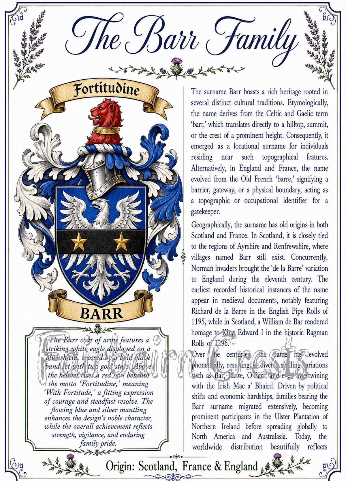Barr Premium Surname History & Coat of Arms Poster (18x24) | High-Resolution Digital Download