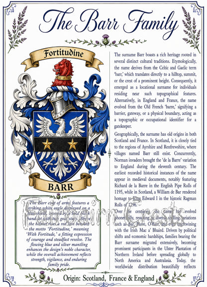Barr Premium Surname History & Coat of Arms Poster (18x24) | High-Resolution Digital Download