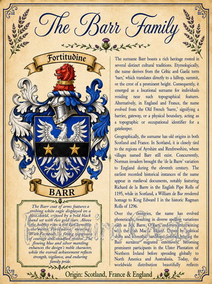 Barr Premium Surname History & Coat of Arms Poster (18x24) | High-Resolution Digital Download