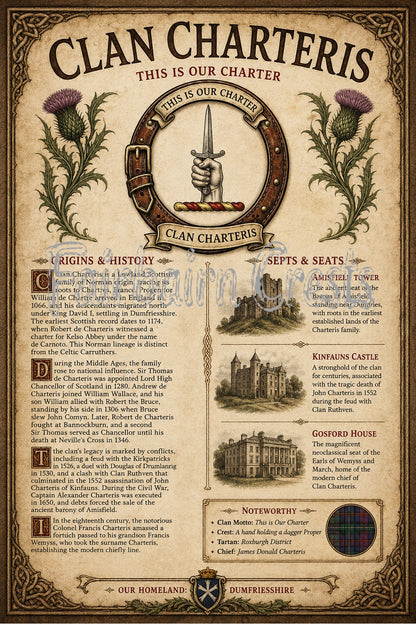 Scottish Clan Charteris Heritage Poster - Instant Digital Download