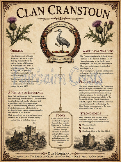 Scottish Clan Cranstoun Heritage Poster - Instant Digital Download