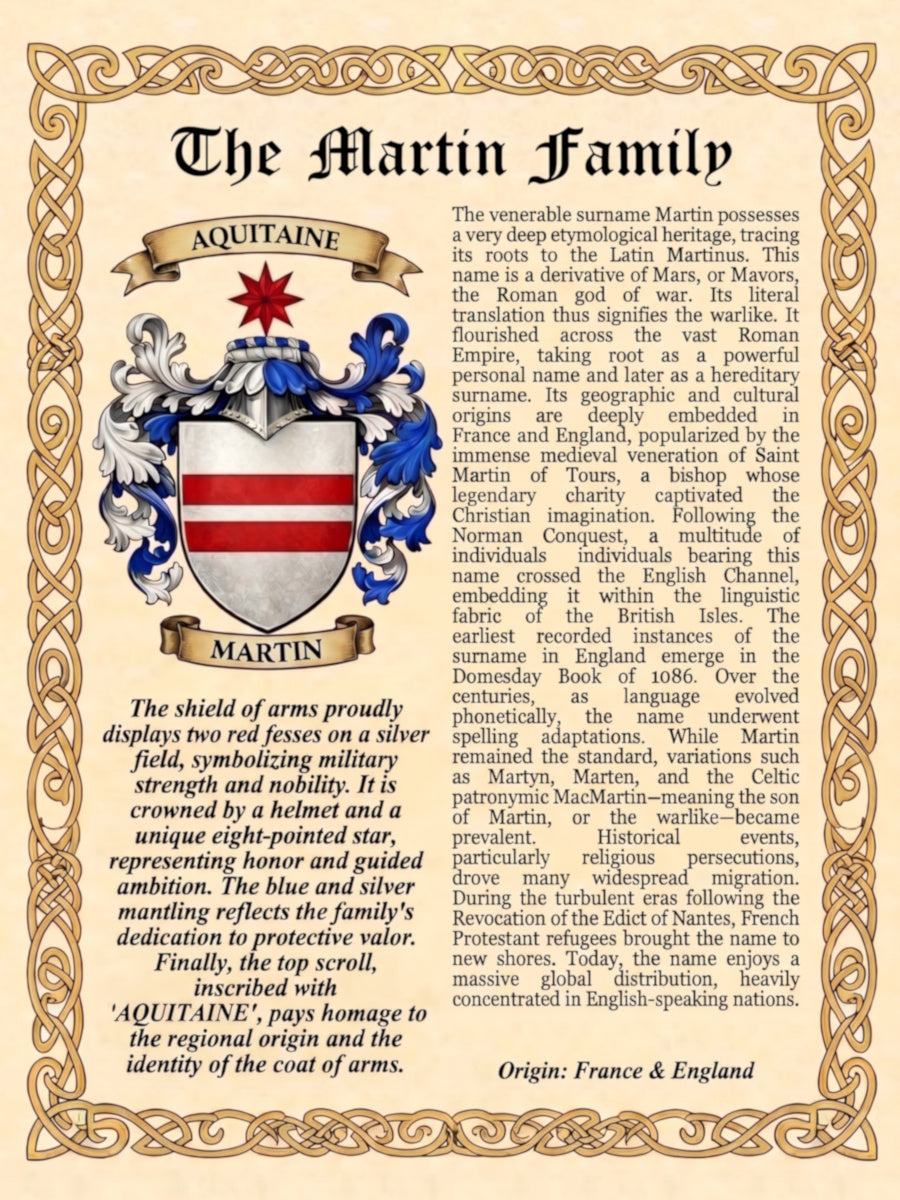 Martin Premium Surname History & Coat of Arms Poster (18x24) | High-Resolution Digital Download digital download: Includes Color PNG, B&W PNG, and SVG vector files