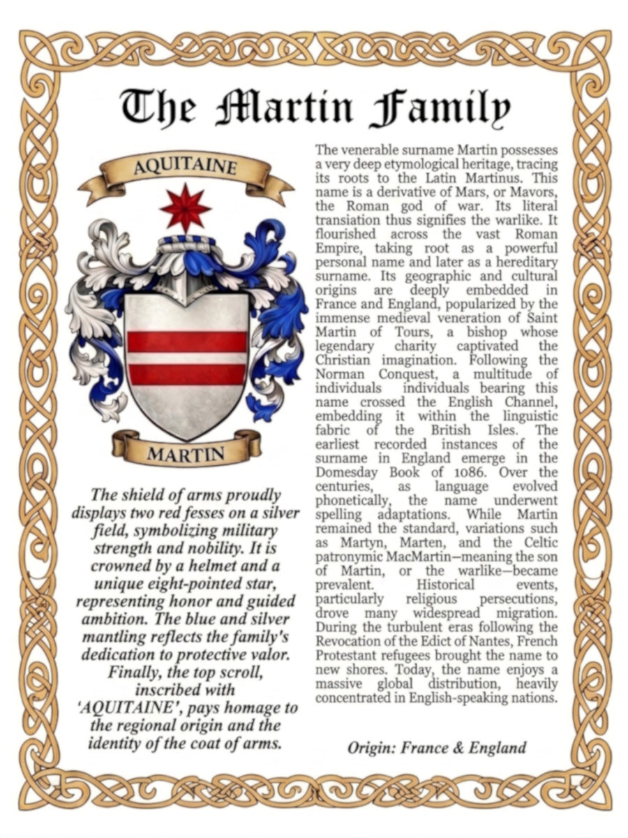 Martin Premium Surname History & Coat of Arms Poster (18x24) | High-Resolution Digital Download digital download: Includes Color PNG, B&W PNG, and SVG vector files
