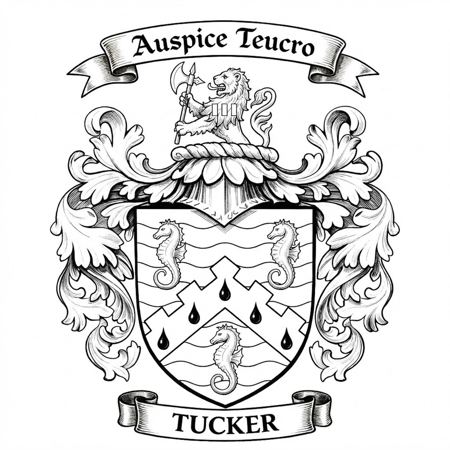The Tucker Family Coat of Arms digital download: Includes Color PNG, B&W PNG, and SVG vector files